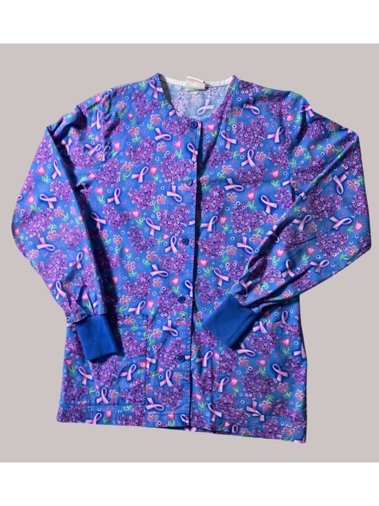 Peaches Tops - Peaches Womens Blue Pink Ribbon and Floral Print Scrub Jacket100% Cotton